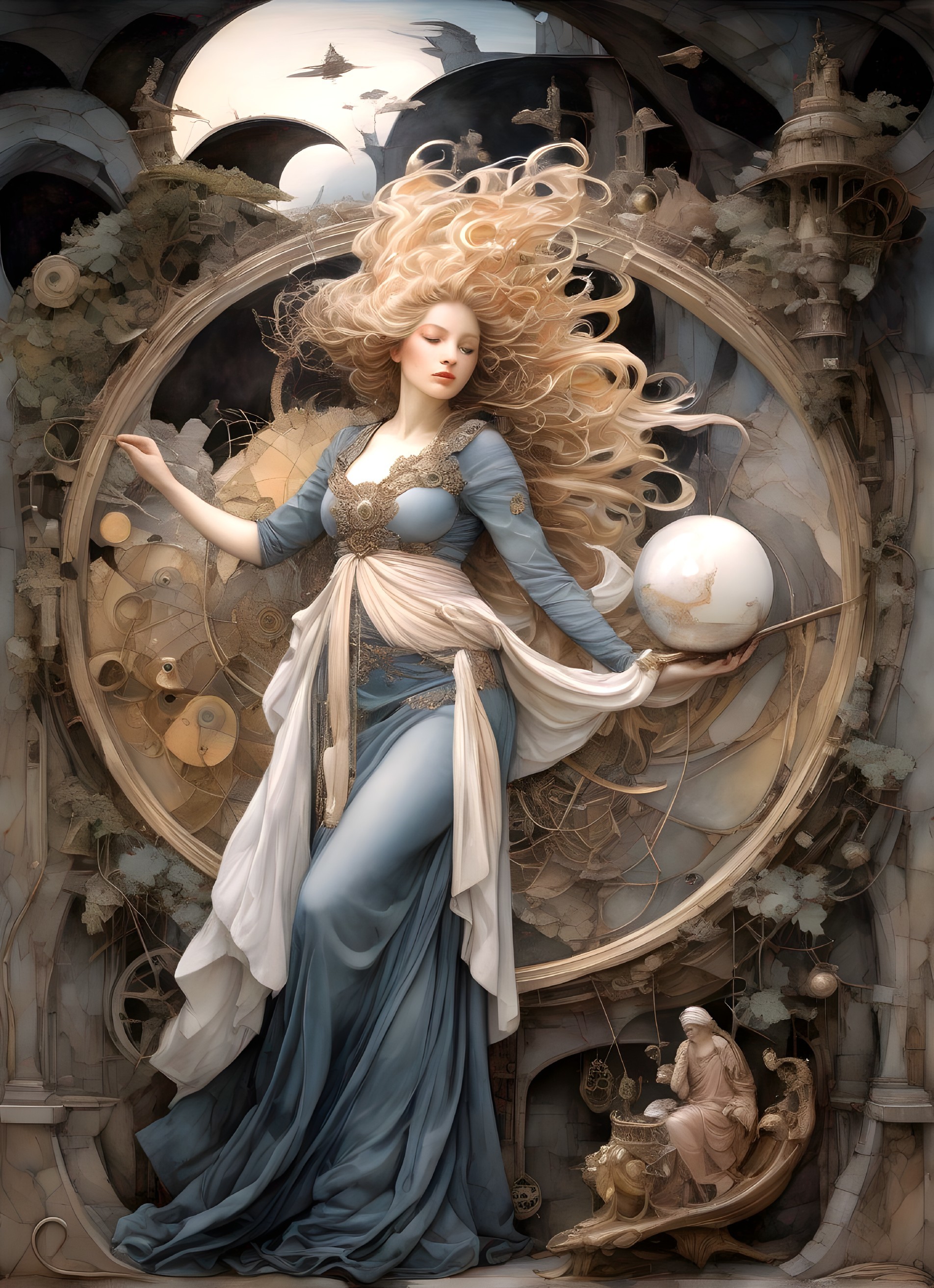 Ethereal Woman in Dreamlike Setting with Gears and Orb