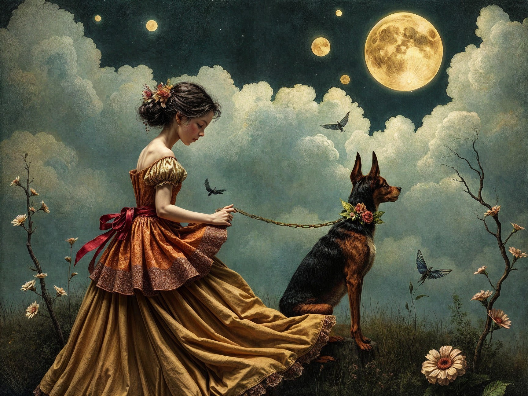 Young woman in golden gown with dog under night sky