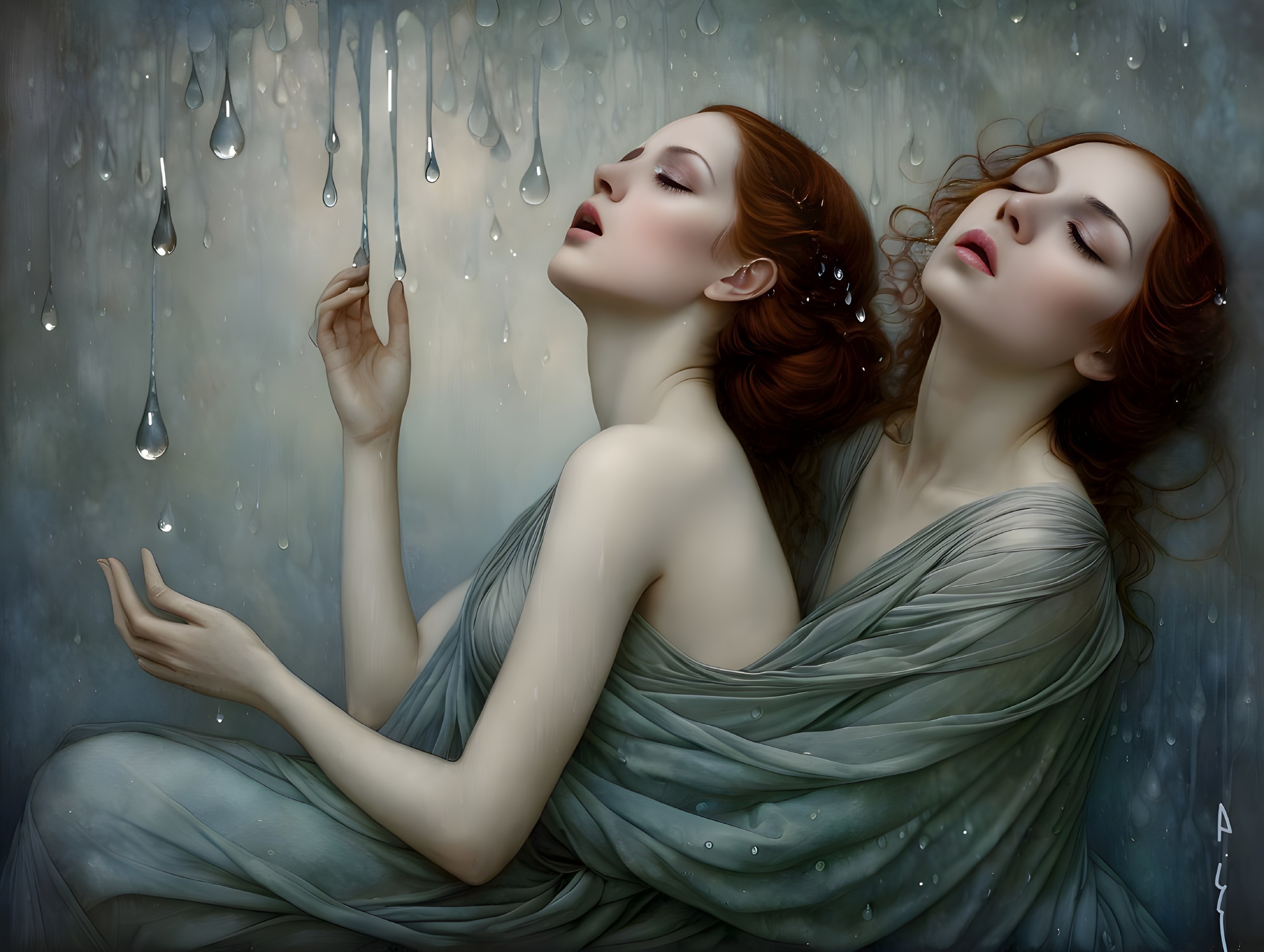 Ethereal Figures in Translucent Garments with Serenity