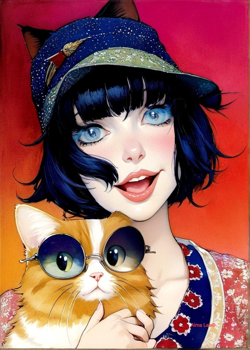 Vibrant illustration of a woman with a cat in sunglasses