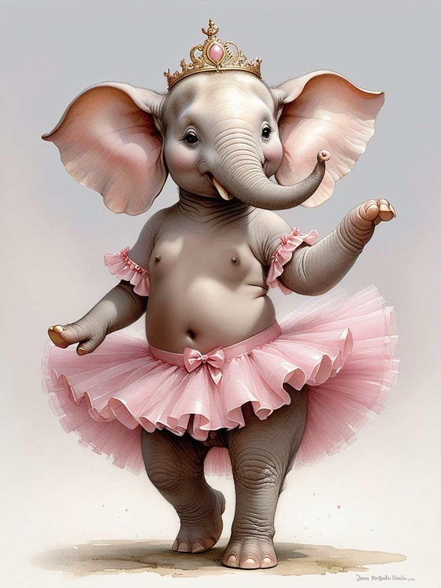 Whimsical Elephant in Tutu and Crown Dancing Joyfully