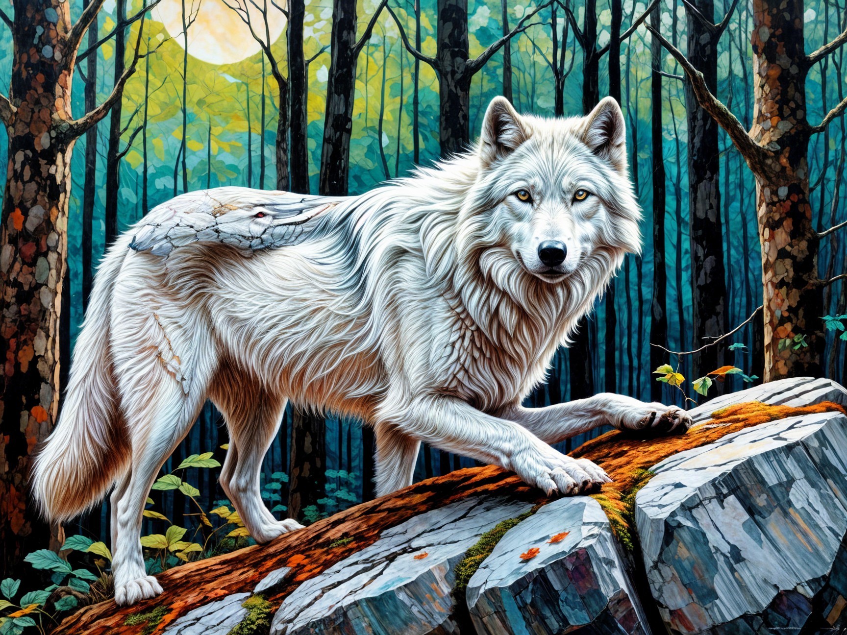 White Wolf on Moss-Covered Log in Lush Forest