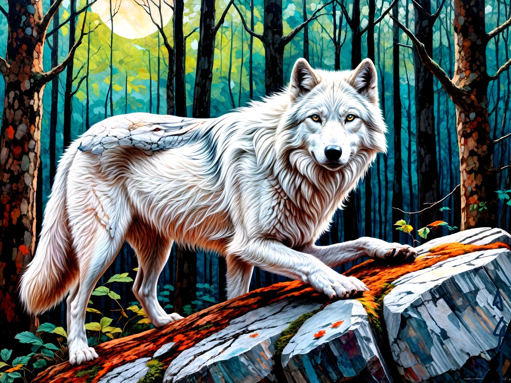 White Wolf on Moss-Covered Log in Lush Forest
