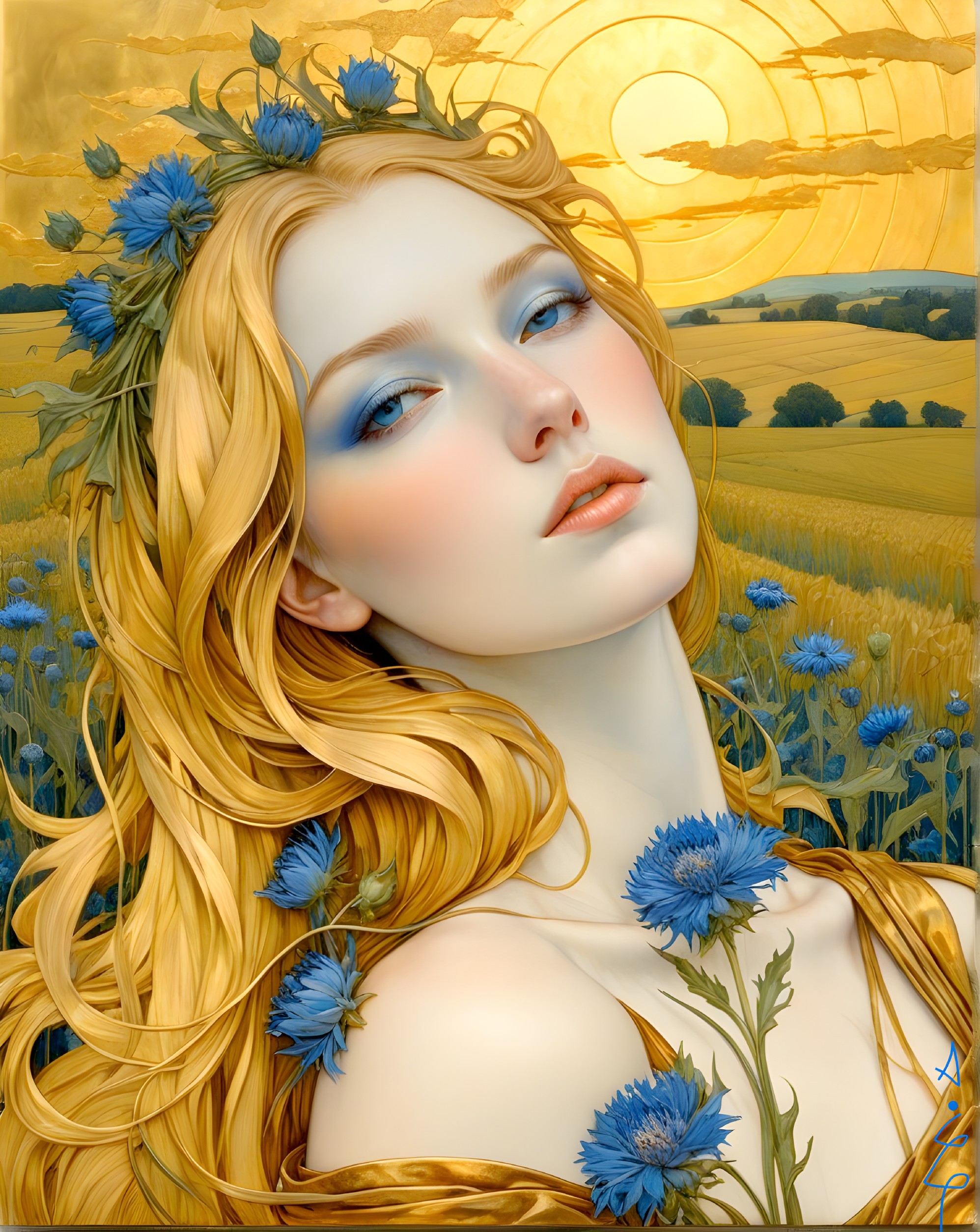 Portrait of a Young Woman with Golden Hair and Sunset