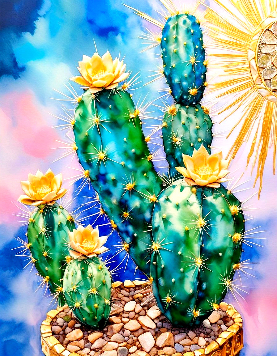 Vibrant Cacti with Yellow Flowers in Colorful Background