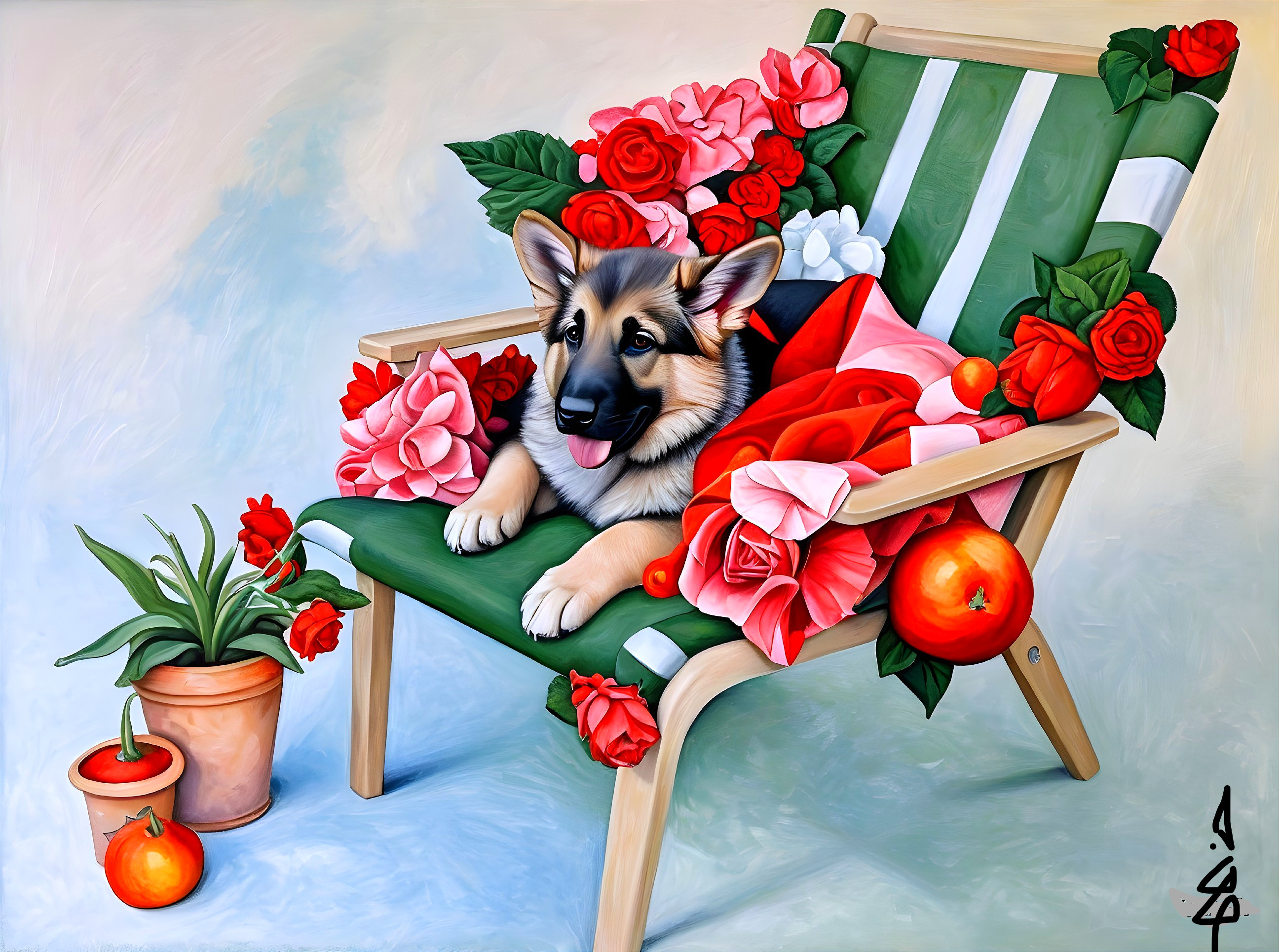 Puppy on Green Chair Surrounded by Colorful Flowers