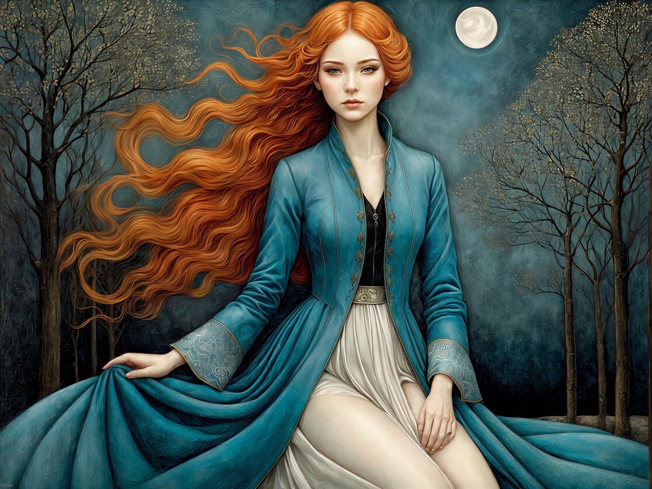 Digital Oil Painting of a Pale Woman in a Forest