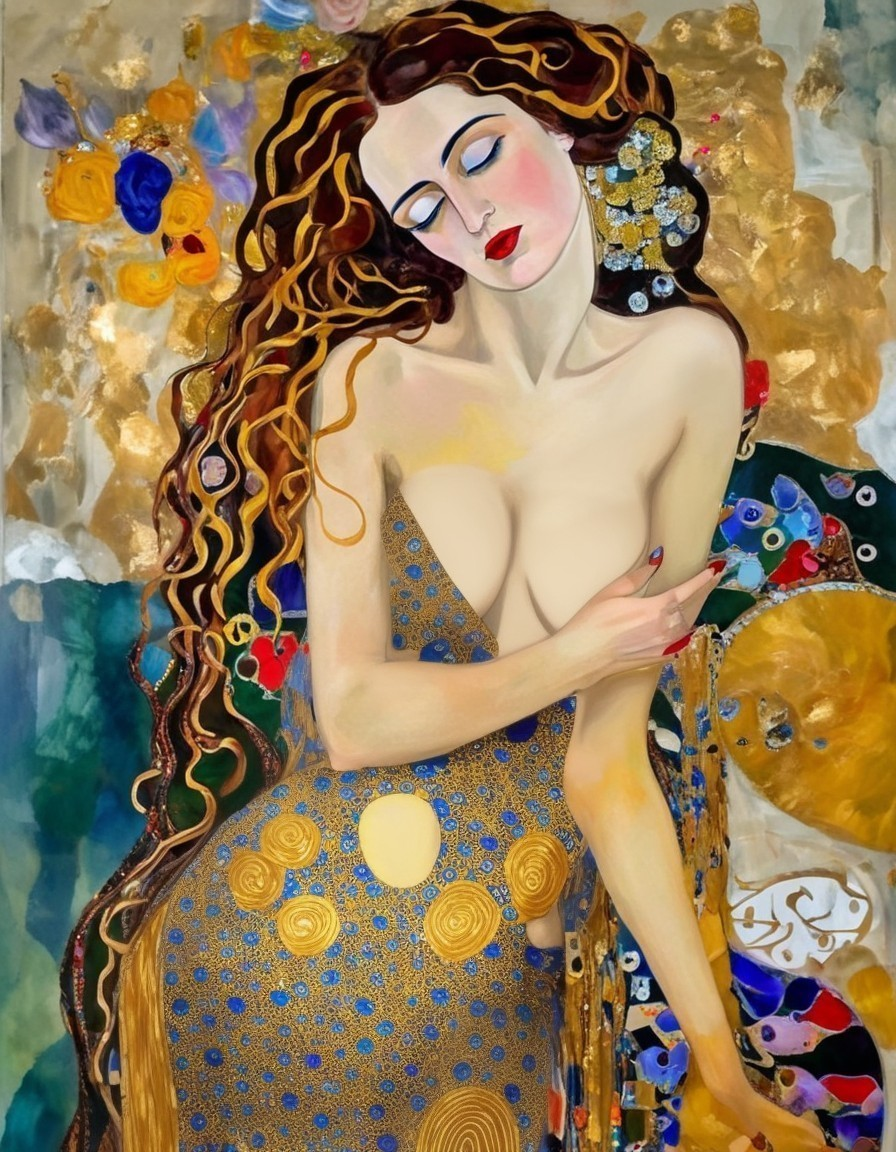 Stylized Painting of Woman in Blue Dress with Curly Hair