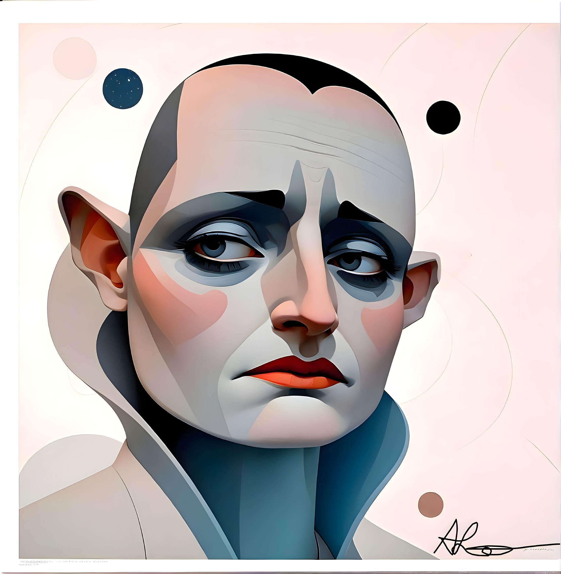 Stylized Portrait with Somber Expression and Abstract Background