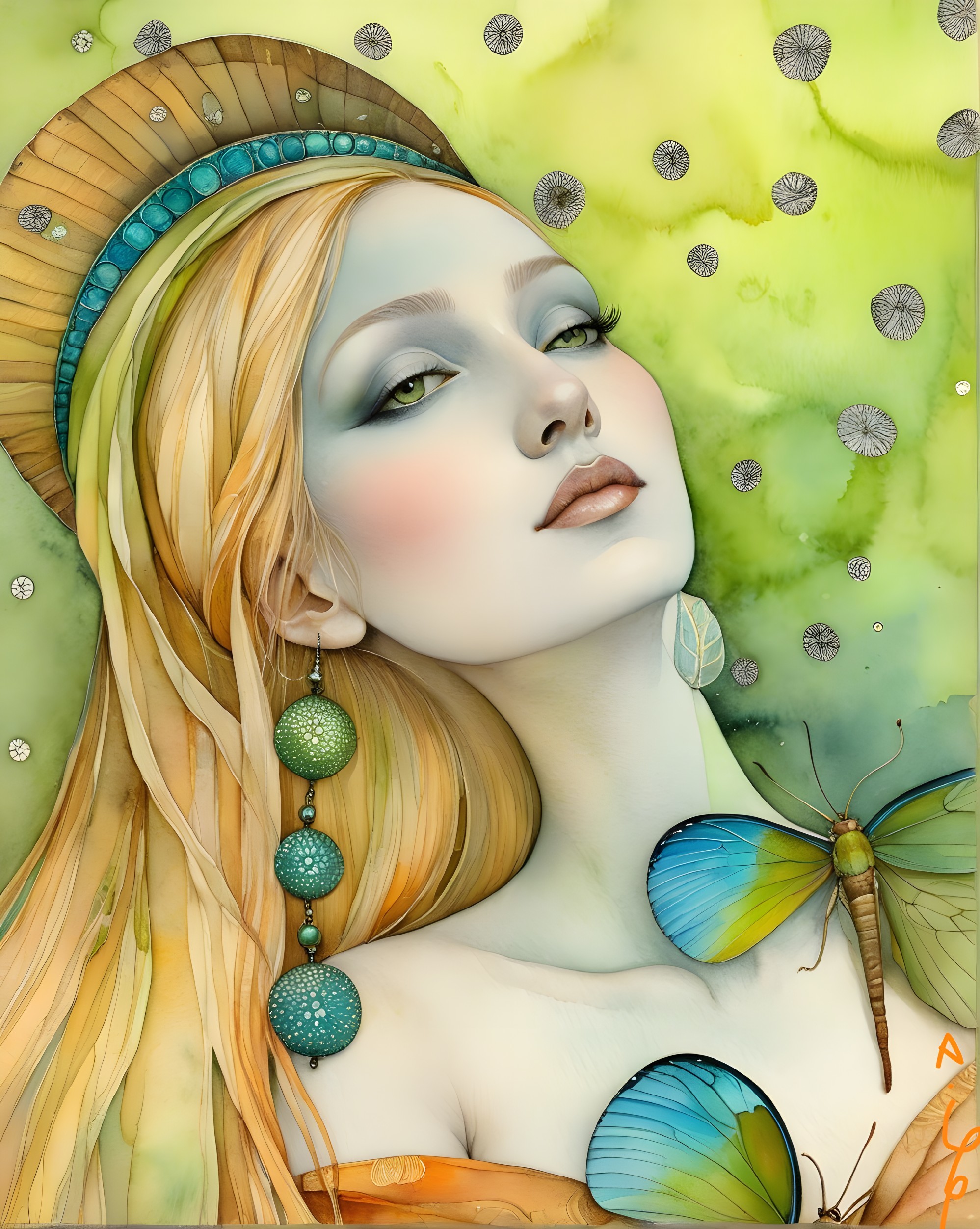 Ethereal Woman Surrounded by Dragonflies and Patterns