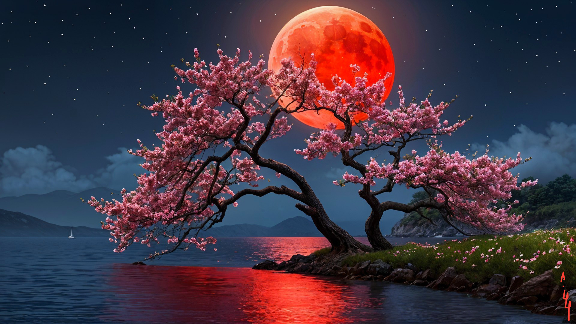 Cherry Blossom Tree Under a Blood-Red Moon