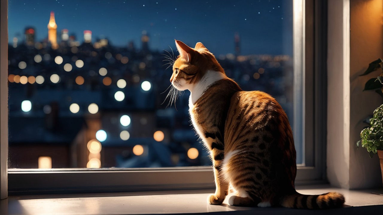 Sleek Spotted Cat on Windowsill Overlooking Cityscape