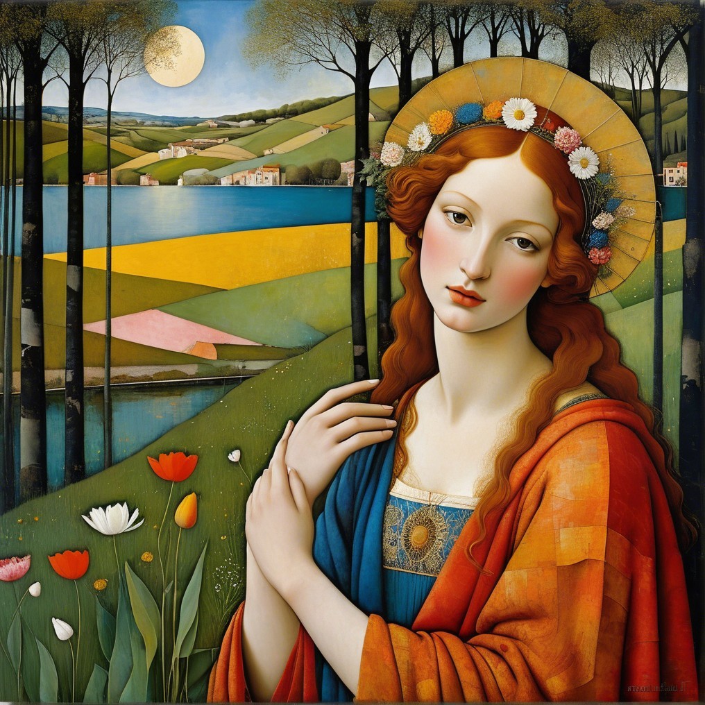 Serene Woman with Red Hair in Vibrant Landscape