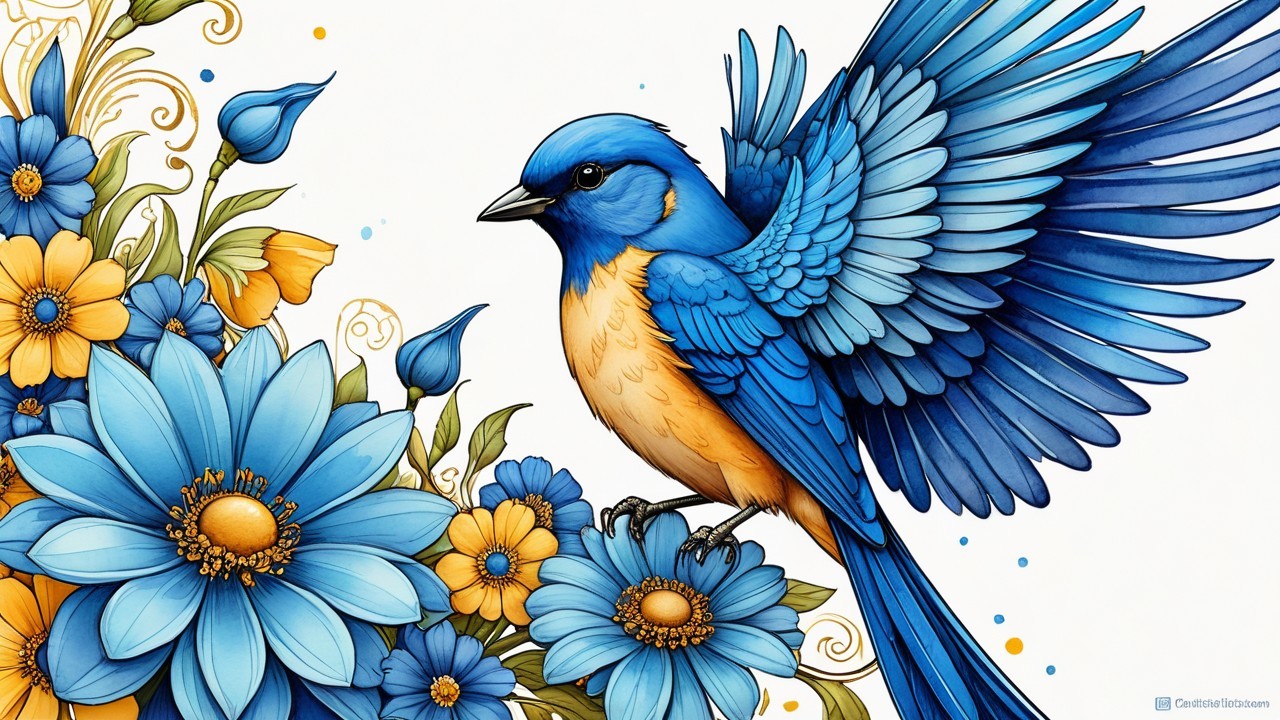 Vibrant Blue Bird with Orange Belly Among Flowers
