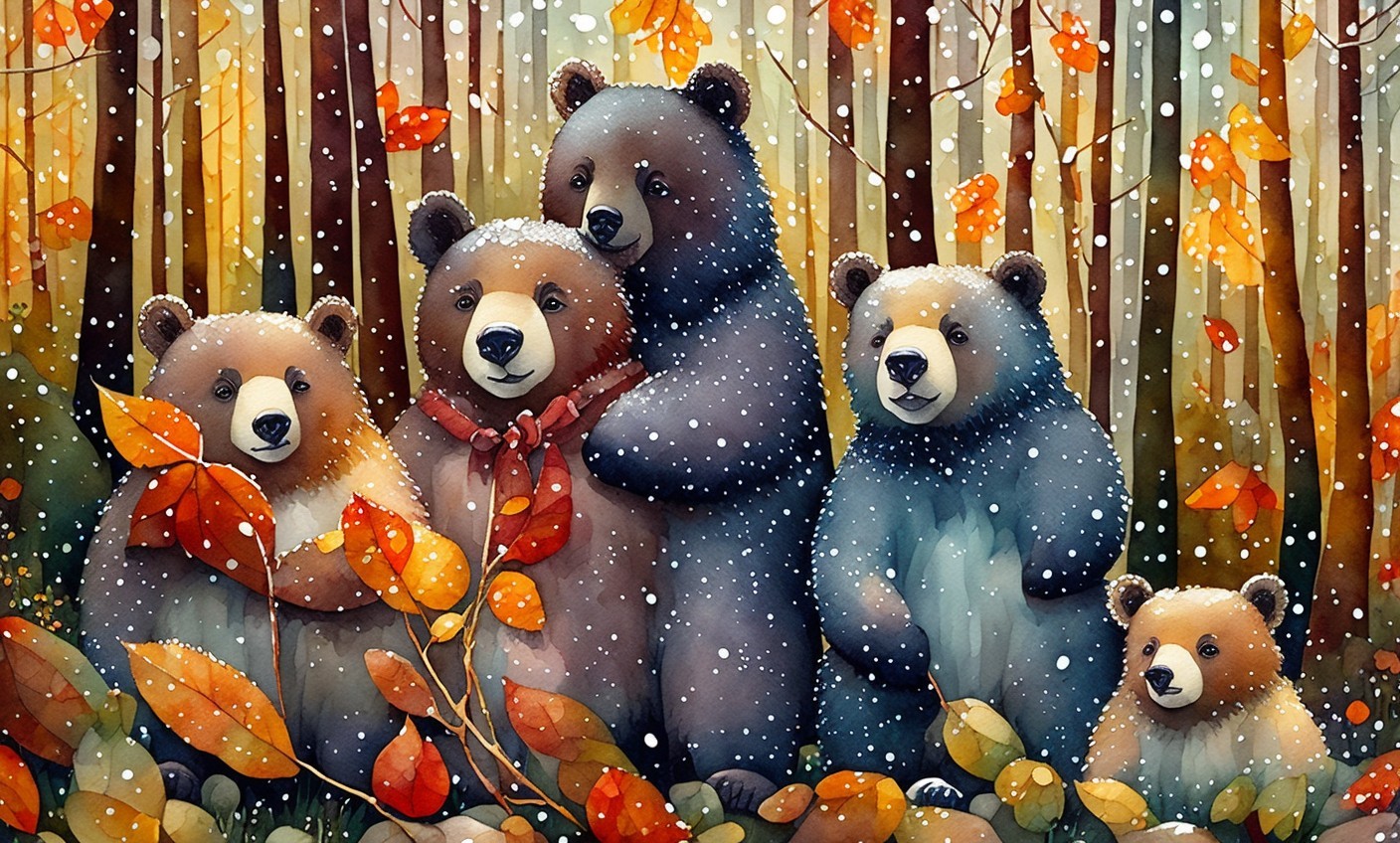 Watercolor Scene of Five Bears in Snowy Autumn Forest