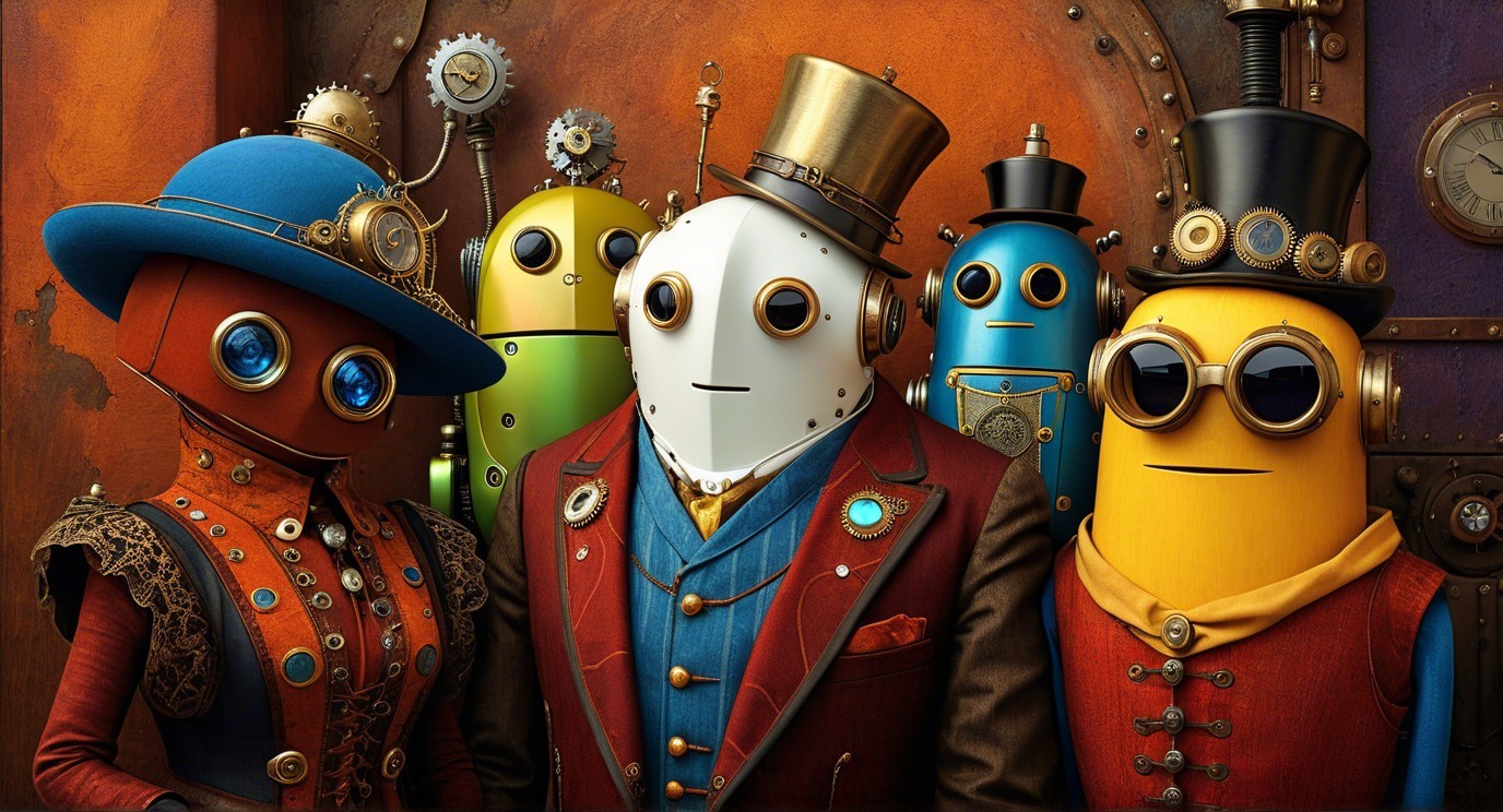 Steampunk-Inspired Robots in a Whimsical Setting