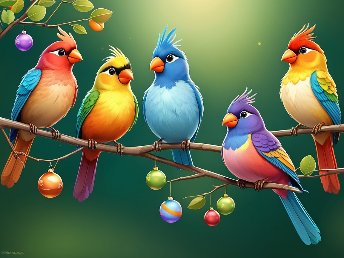 Colorful Birds on a Branch in a Vibrant Scene