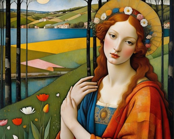 Serene Woman with Red Hair in Vibrant Landscape