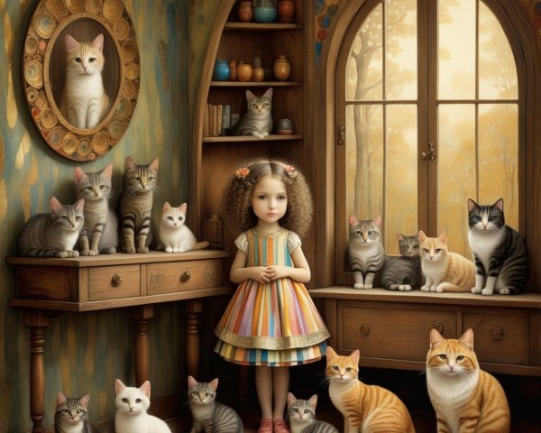 Child Surrounded by Colorful Cats in Bright Indoor Setting