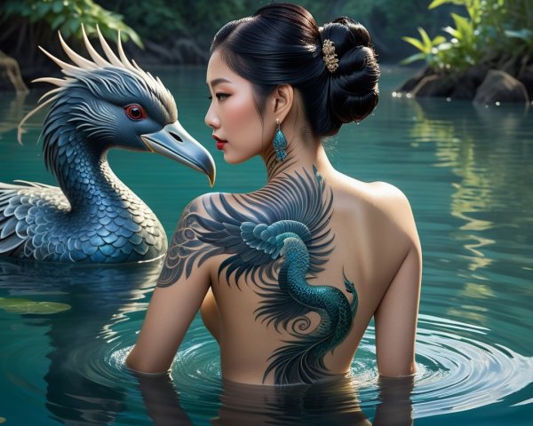Asian Woman with Dark Hair and Feathered Tattoo in Water