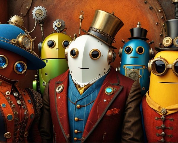 Steampunk-Inspired Robots in a Whimsical Setting