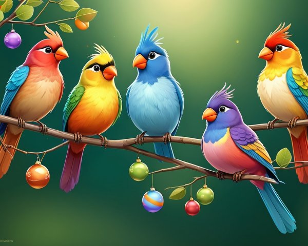 Colorful Birds on a Branch in a Vibrant Scene