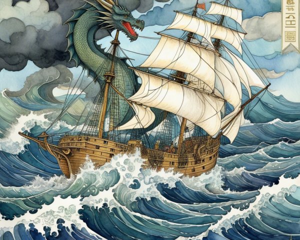 Majestic ship and dragon in stormy sea clash