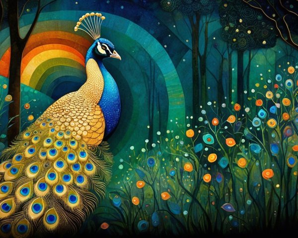 Fantastical Digital Painting of a Peacock in a Forest