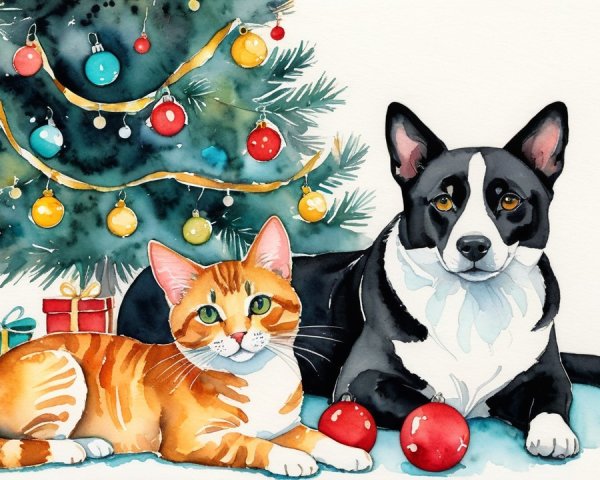Watercolor Christmas Scene with Cat and Tree Decorations