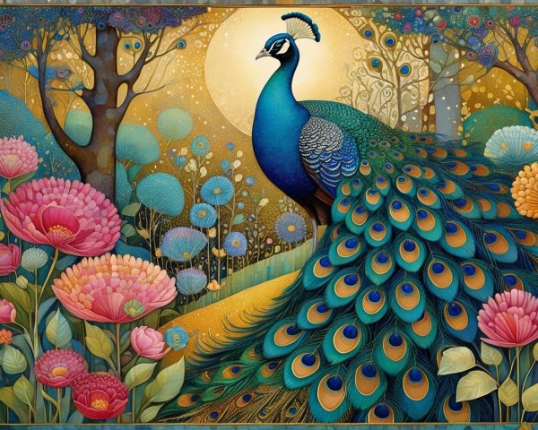 Peacock in Colorful Landscape with Vibrant Flora