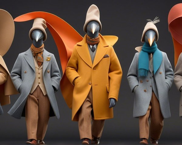 Stylish Penguins in Fashionable Coats and Hats