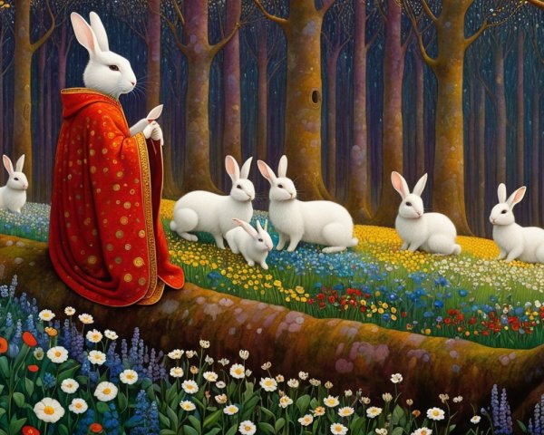 Surreal Scene of a Rabbit in a Forest Gathering