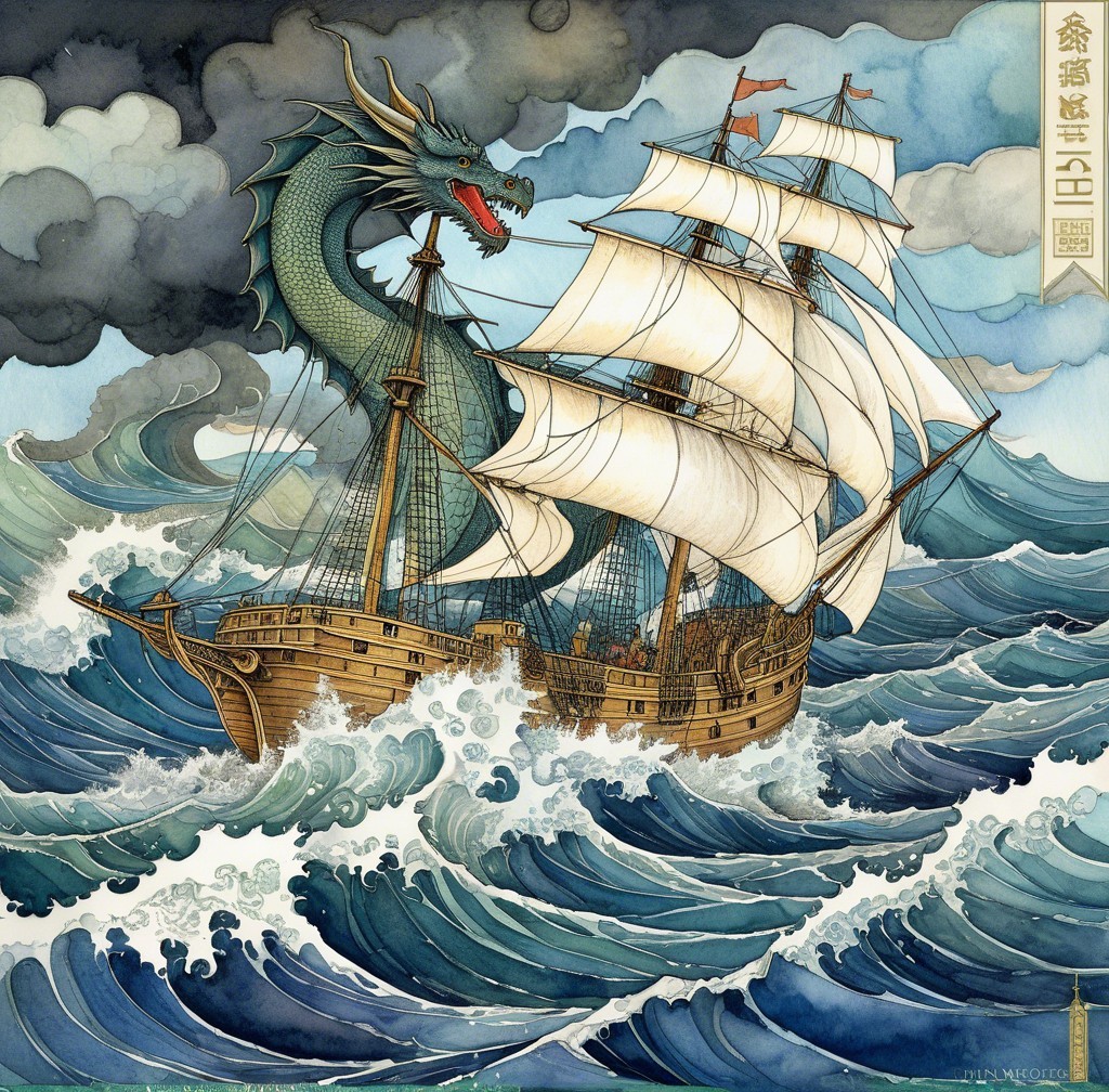 Majestic ship and dragon in stormy sea clash
