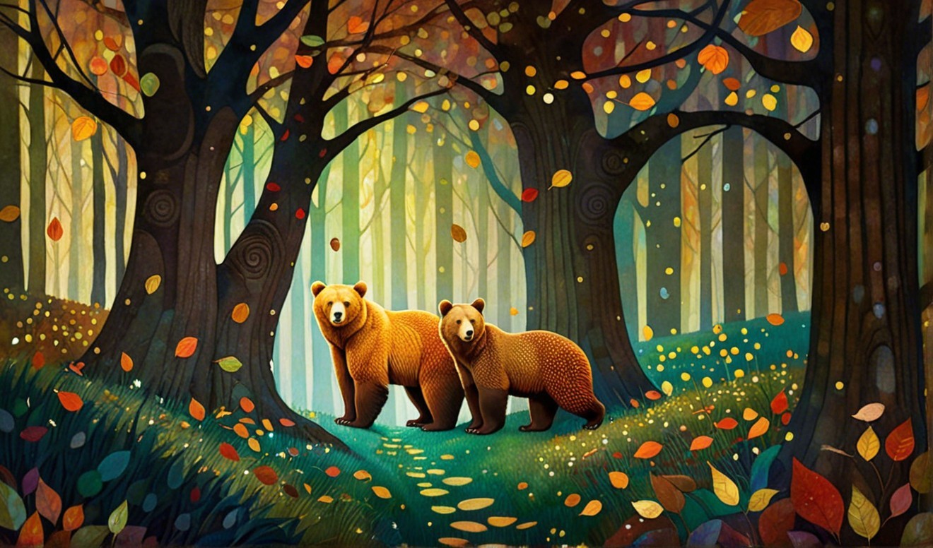 Brown bears on a glowing autumn path in a forest