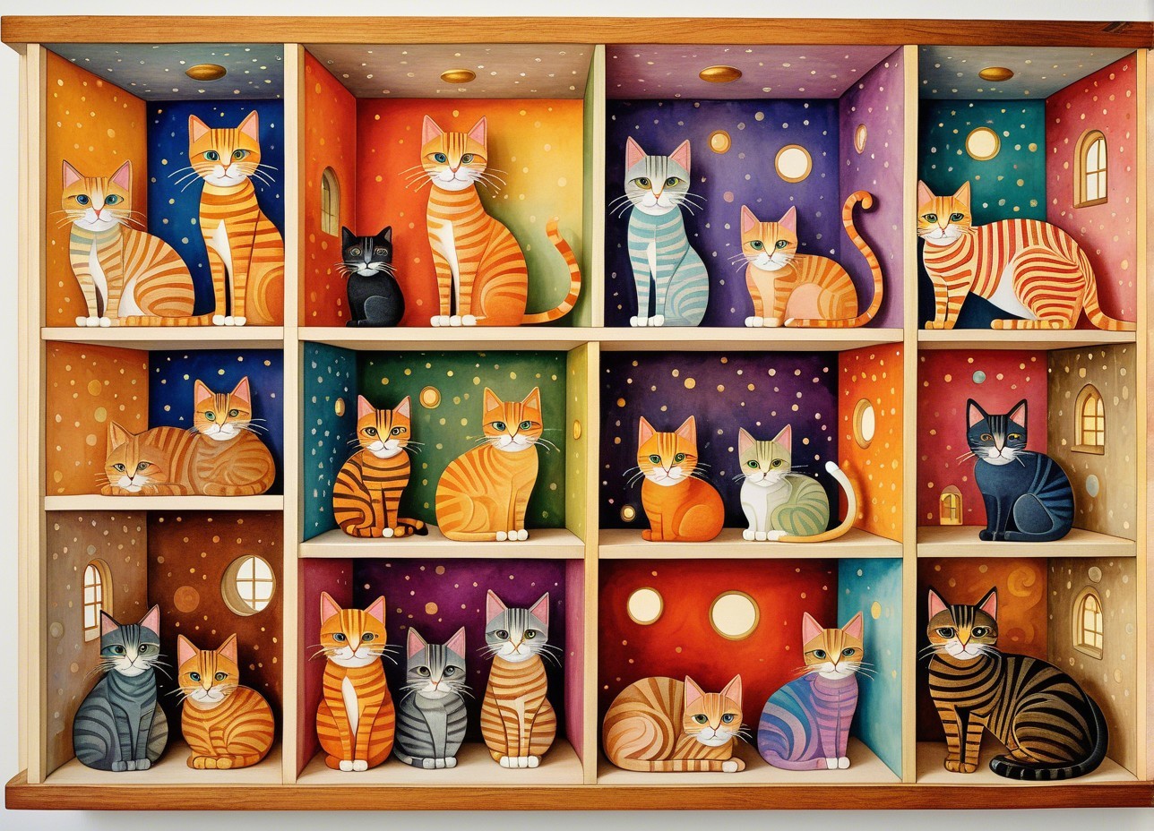Wooden shelf with colorful compartments and cats