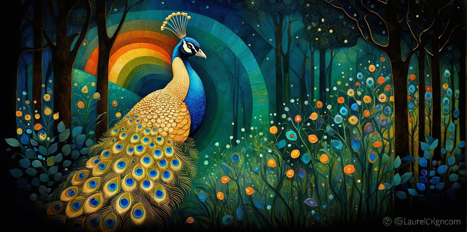 Fantastical Digital Painting of a Peacock in a Forest