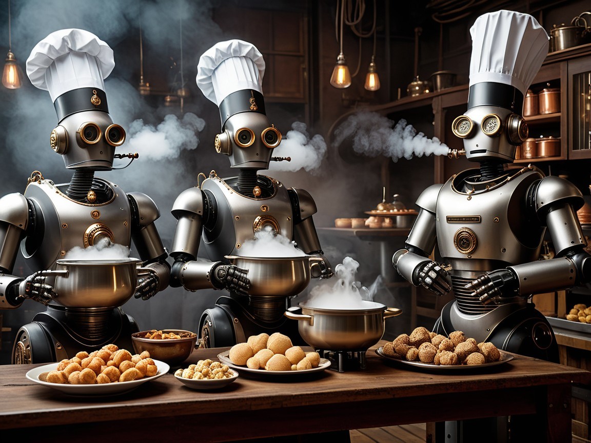 Vintage Robots Cooking in a Cozy Kitchen Setting