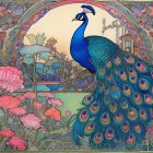 Peacock in Colorful Landscape with Vibrant Flora