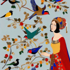 Serene Woman with Red Hair in Vibrant Landscape