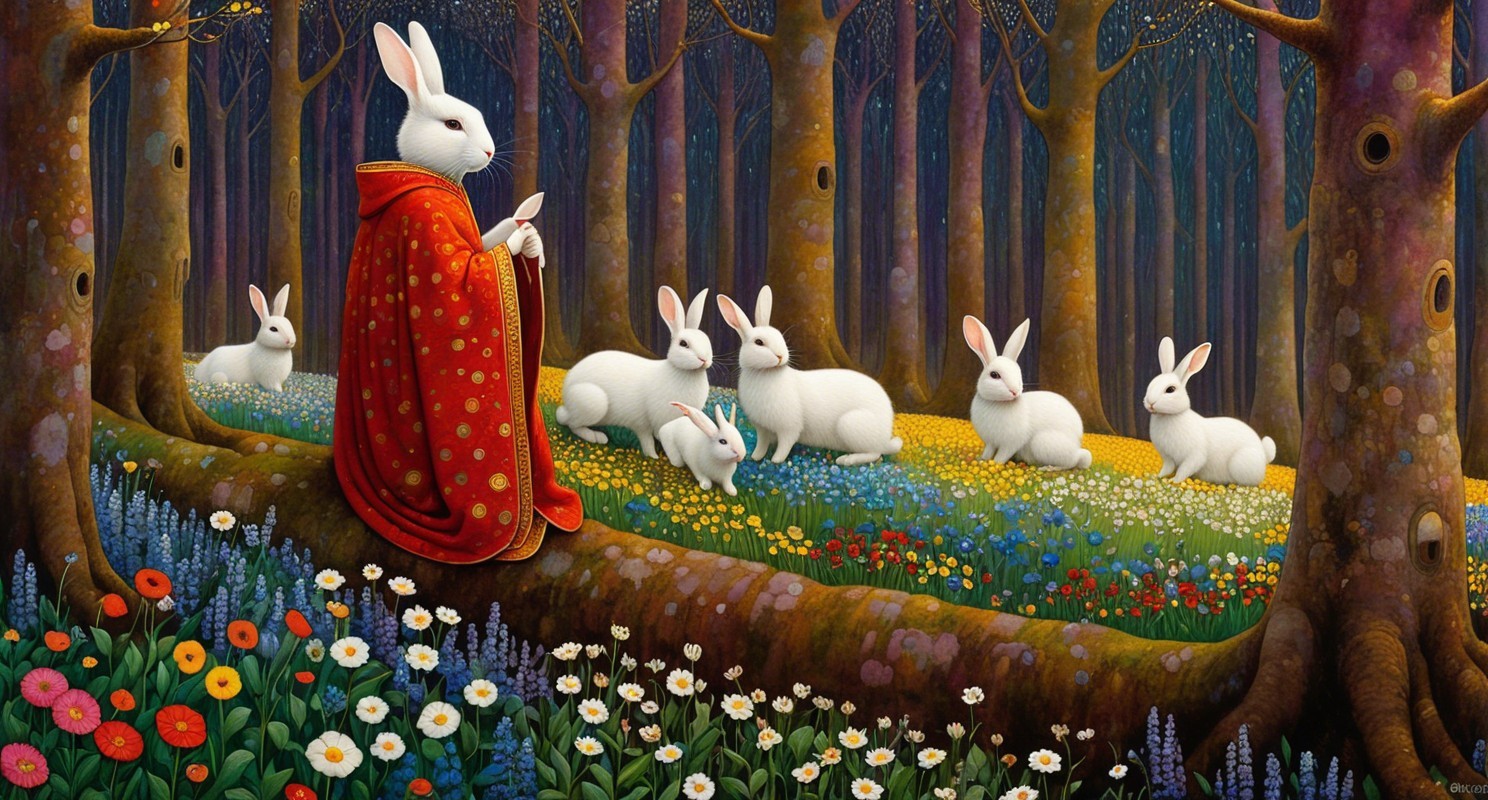 Surreal Scene of a Rabbit in a Forest Gathering