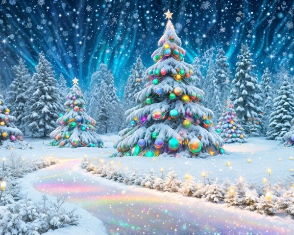 Serene Winter Landscape with Decorated Christmas Trees