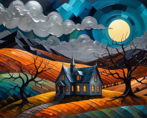 Whimsical Autumn Landscape with Dark Blue House