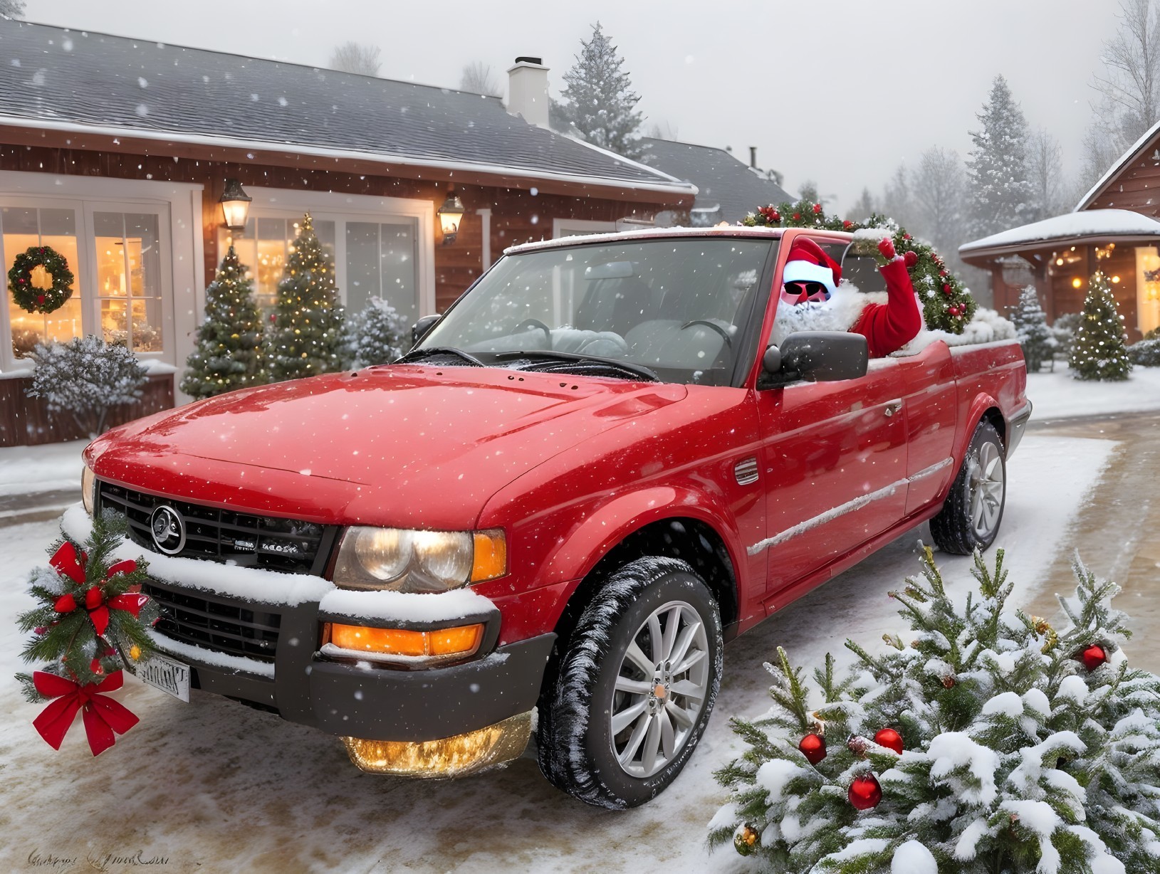 Red Pickup Truck with Santa Hat in Snowy Setting & Festive Decorations