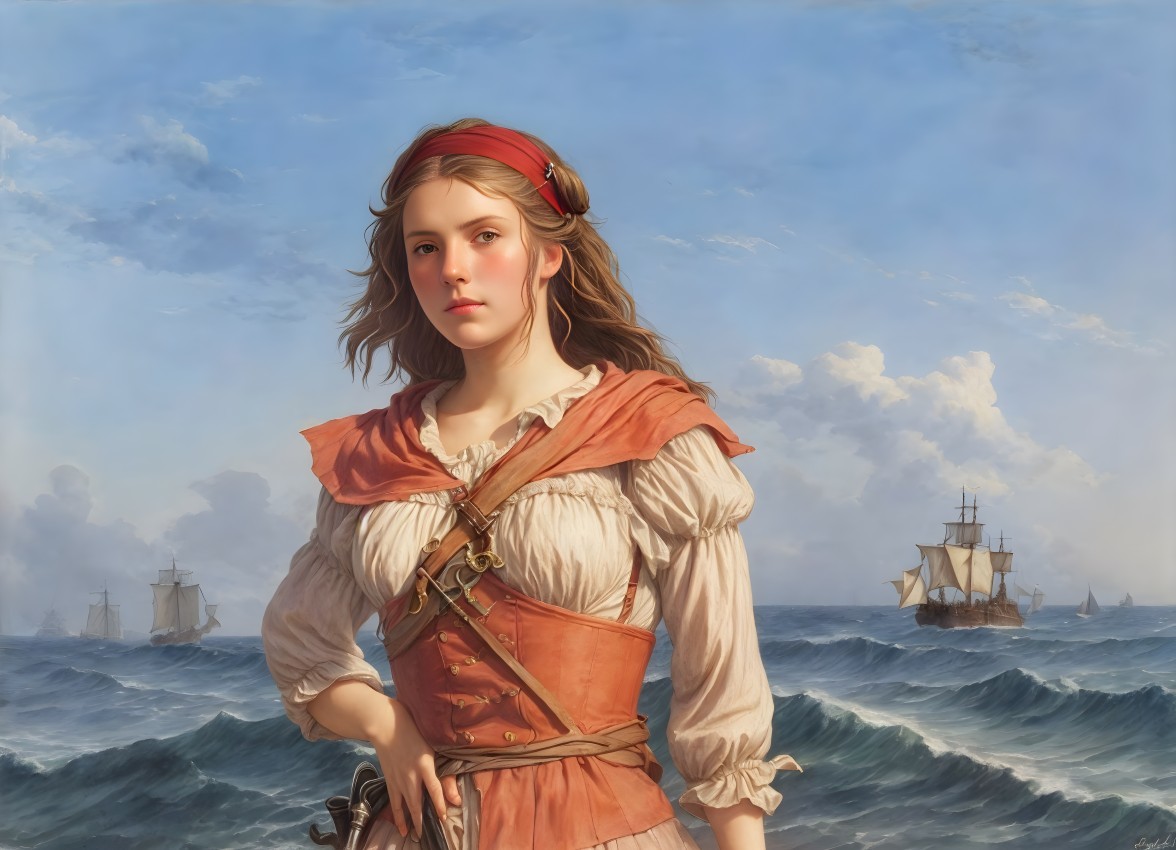 Young woman in pirate attire gazes at ships in seascape