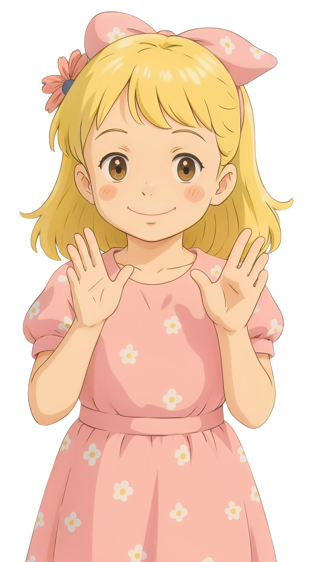 Cheerful girl in pink dress with welcoming gesture
