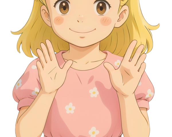 Cheerful girl in pink dress with welcoming gesture