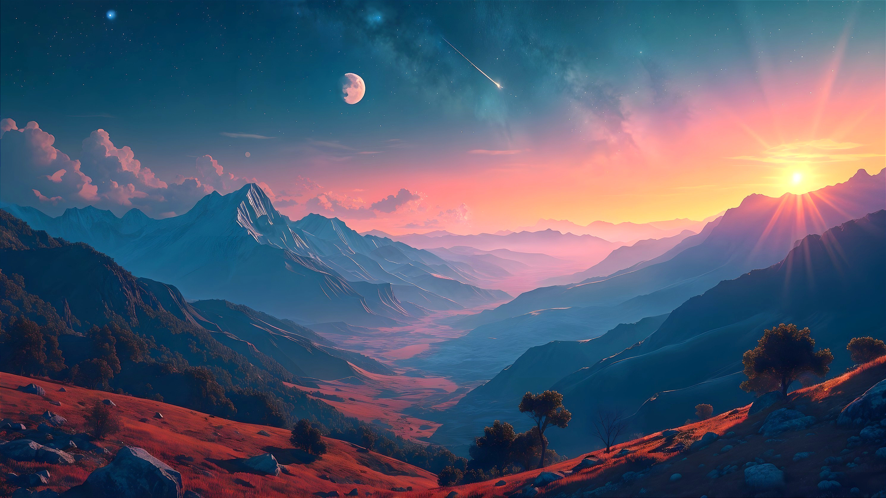 Sunset Landscape with Mountains and Comet View