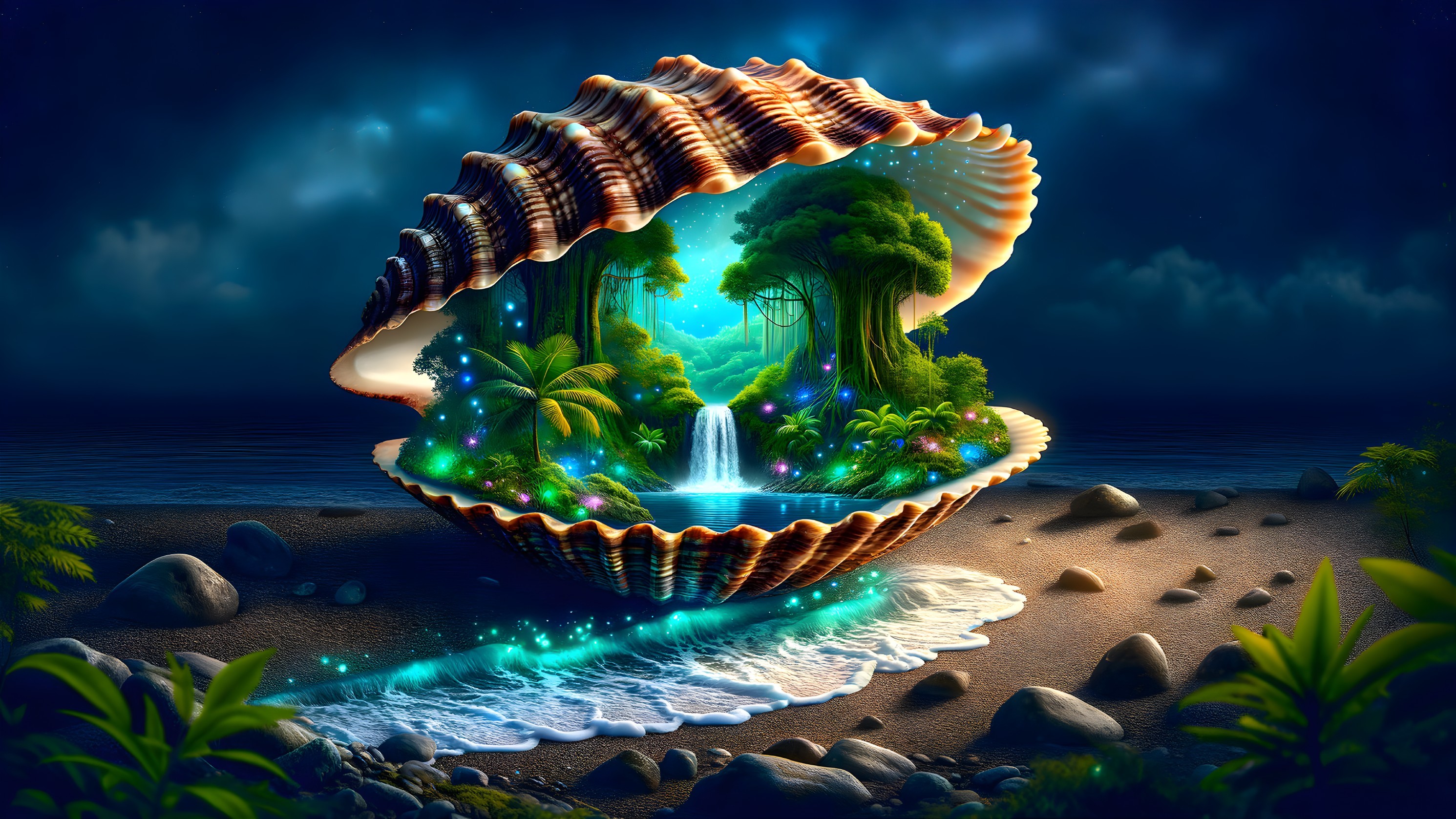 Vibrant Miniature World Inside a Seashell on Shore