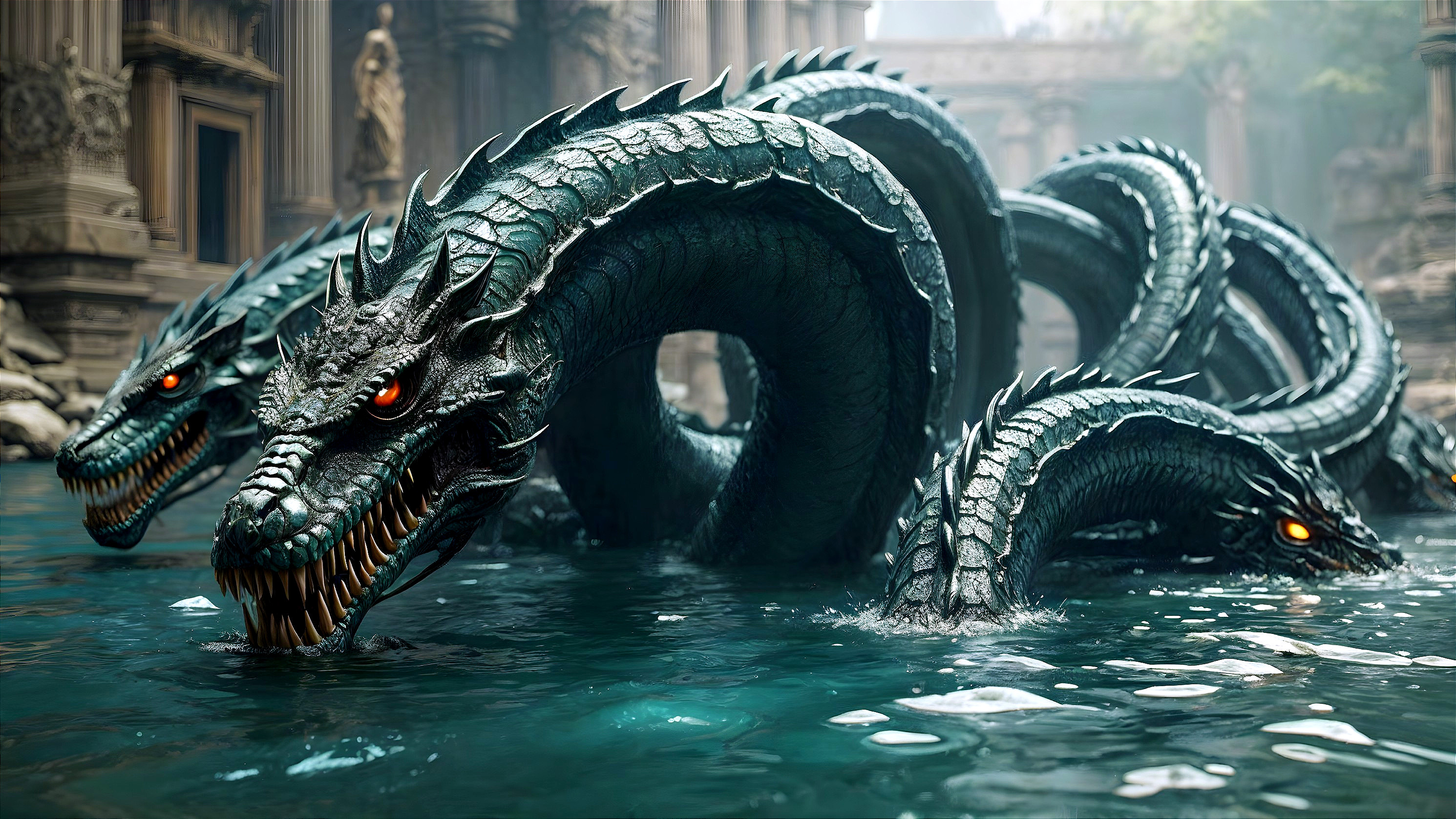 Multi-headed serpent in a mystical water landscape