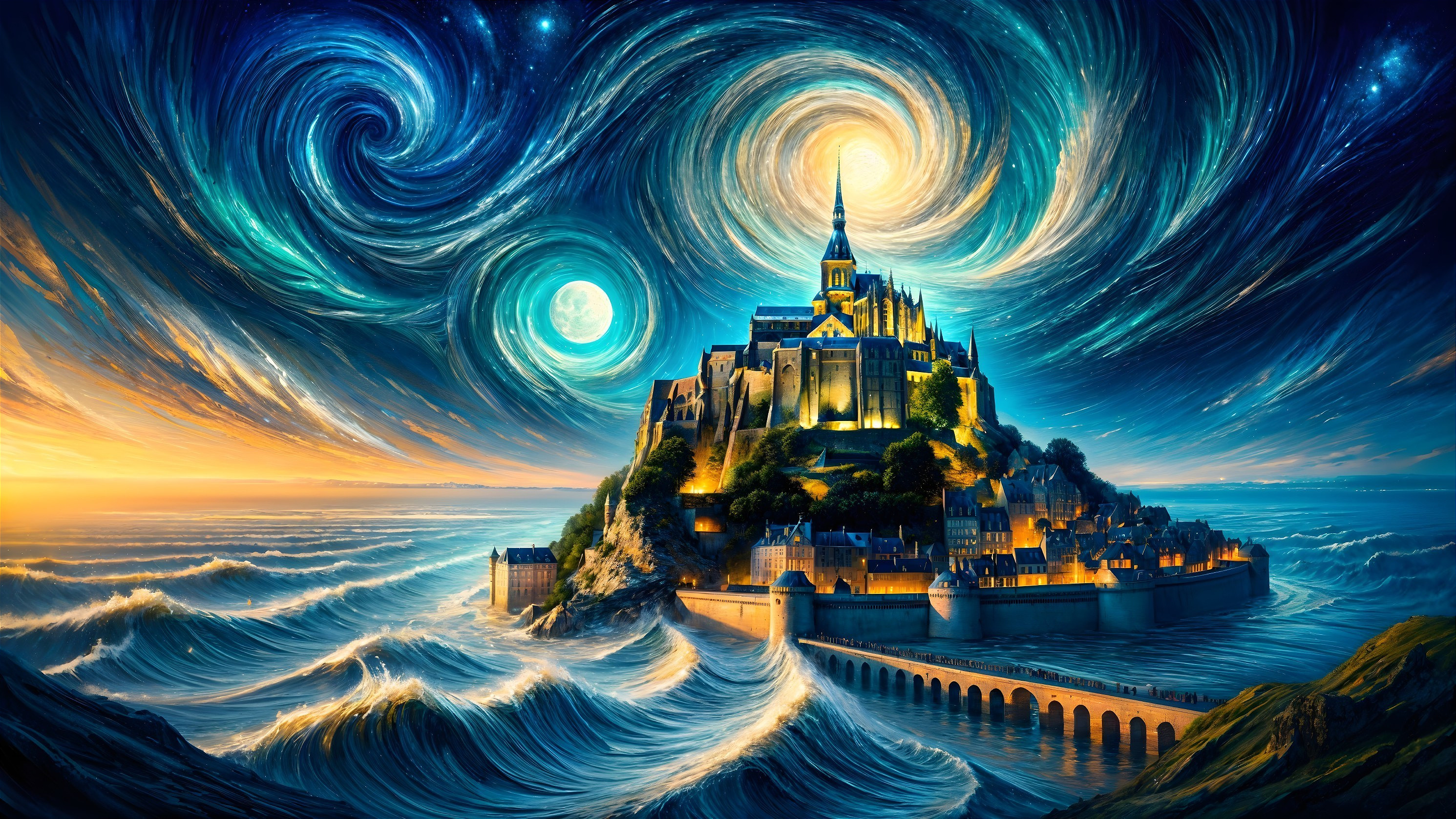Castle on Rocky Island with Ocean Waves and Starry Sky